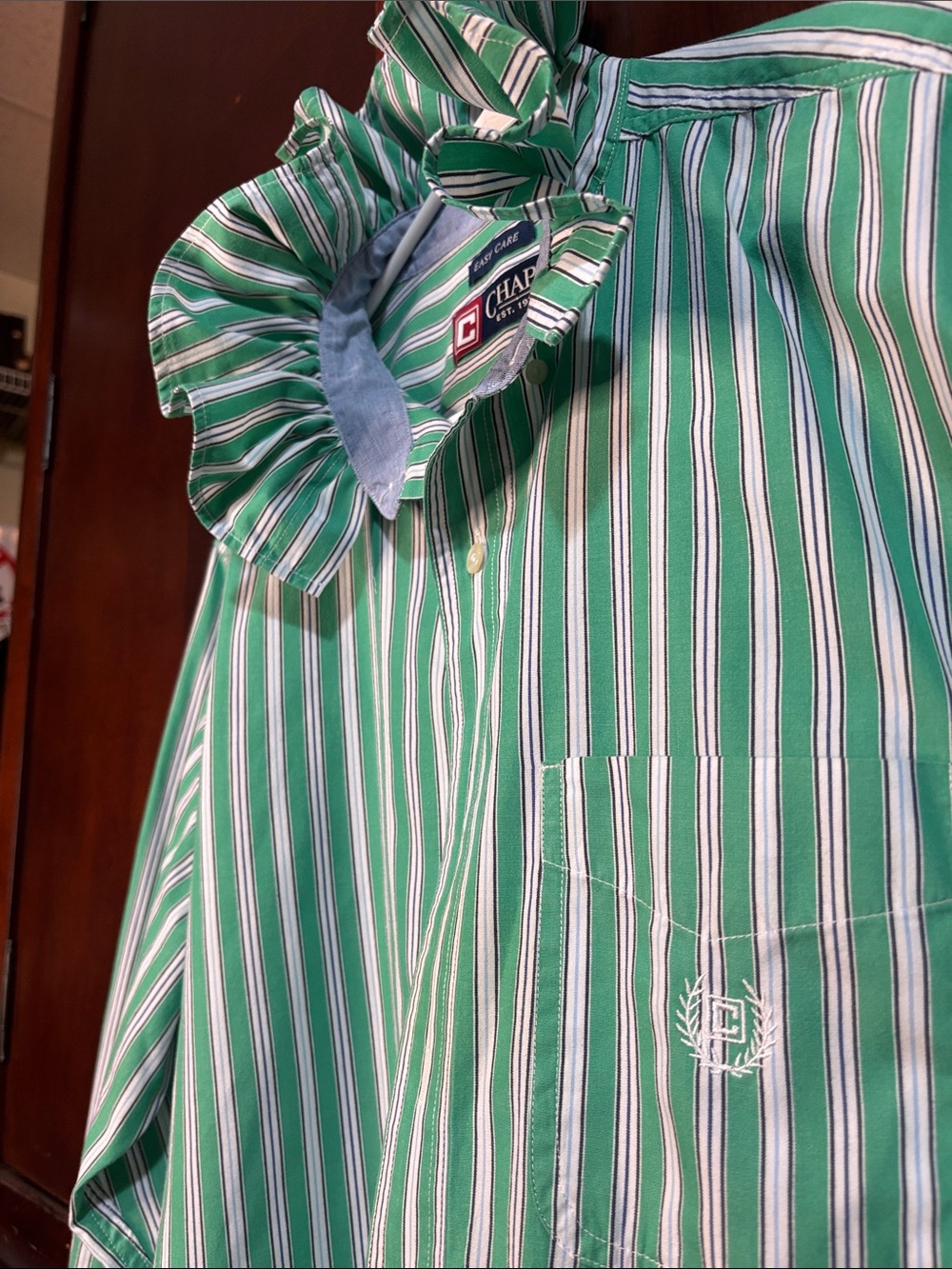 Upcycled/Reloved Chaps Green/ White Striped Ruffled Collar Shirt